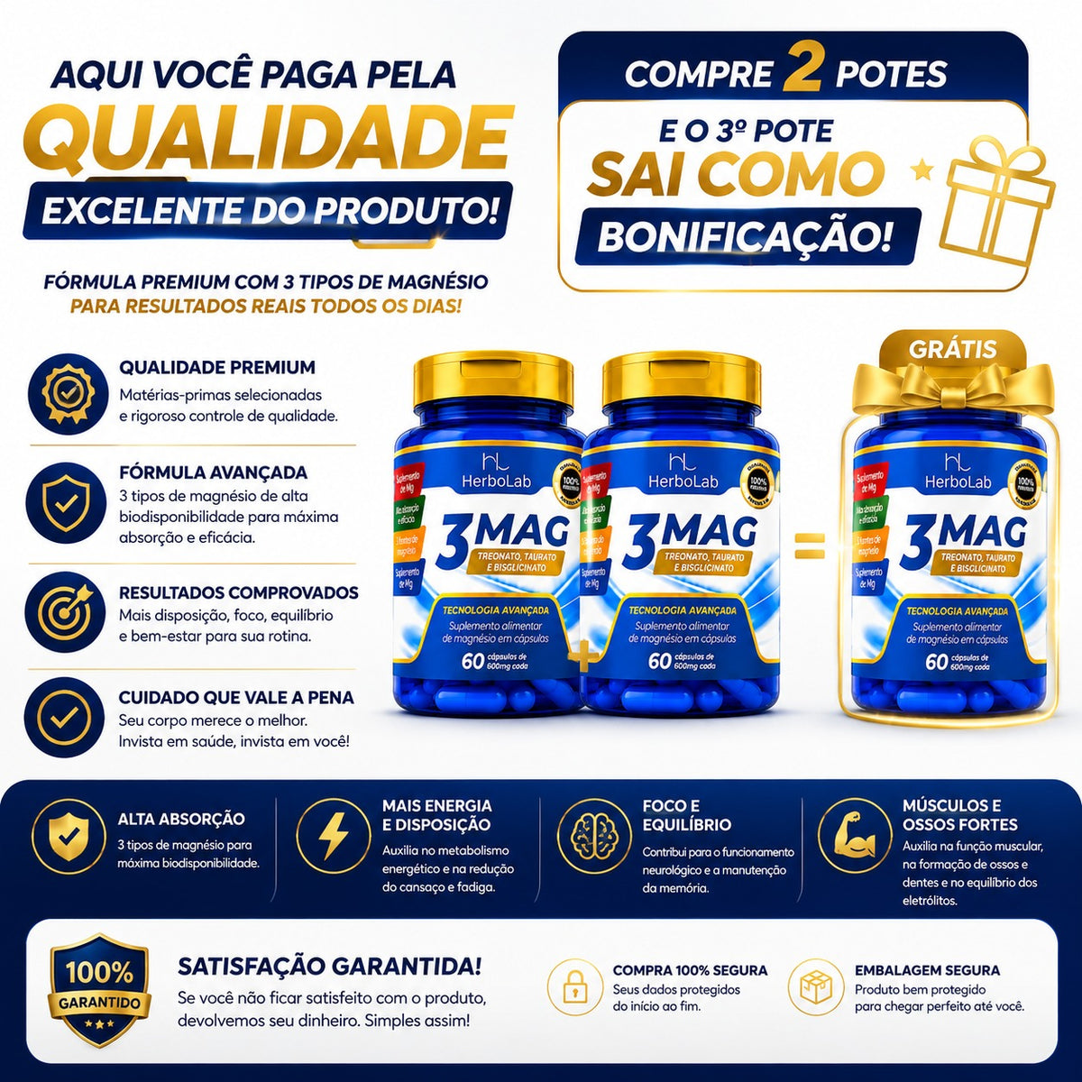 Kit 3 Mag Magnésio Treonato Taurina e Bisglicinato 180 Caps | Emunora