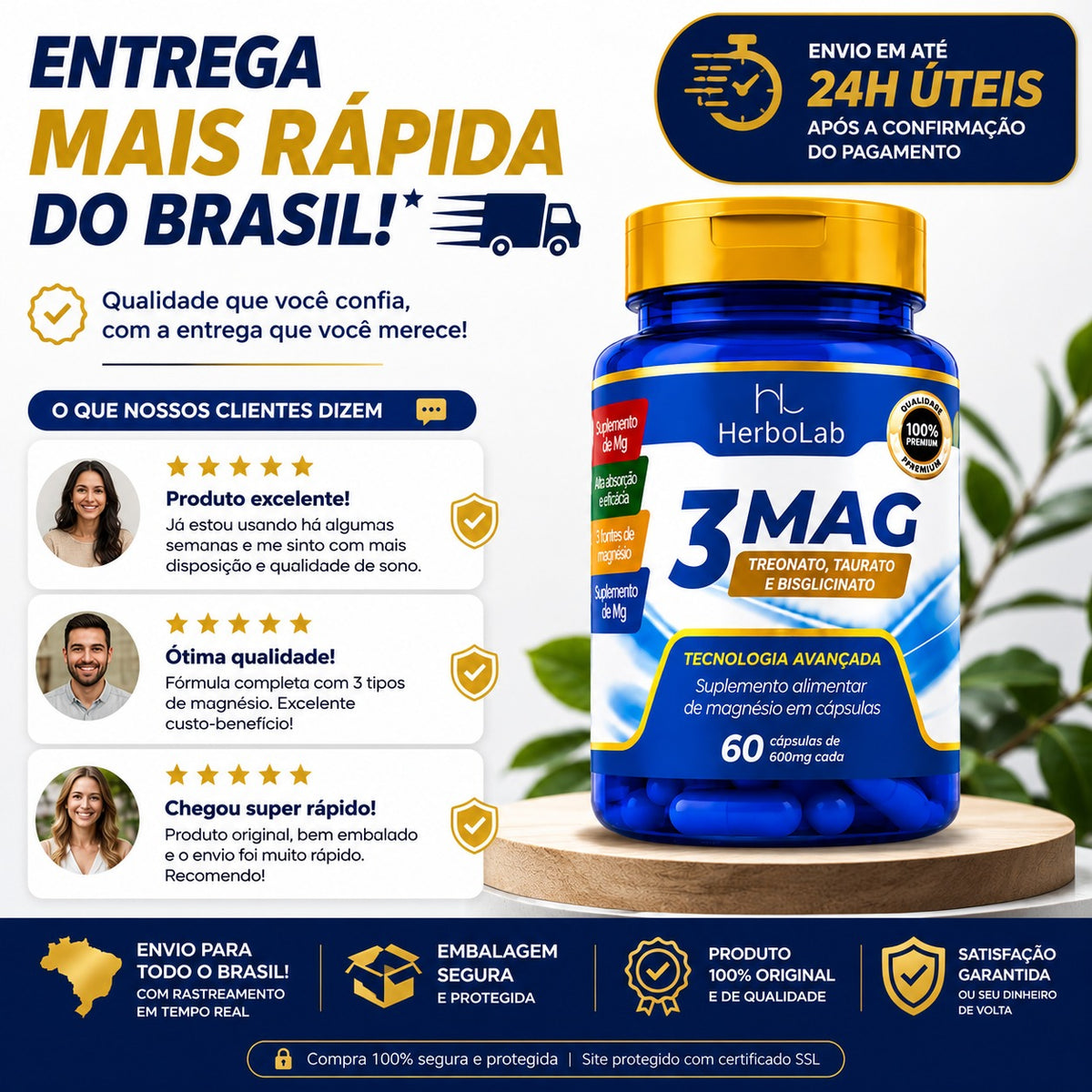 Kit 3 Mag Magnésio Treonato Taurina e Bisglicinato 180 Caps | Emunora