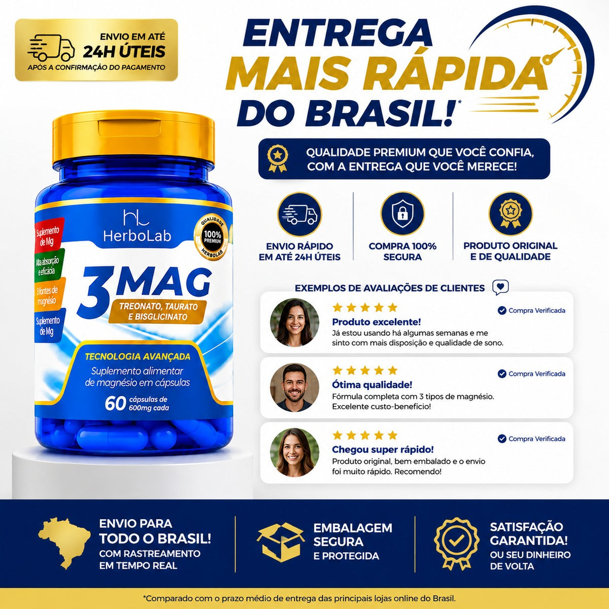 Kit 3 Mag Magnésio Treonato Taurina e Bisglicinato 180 Caps | Emunora