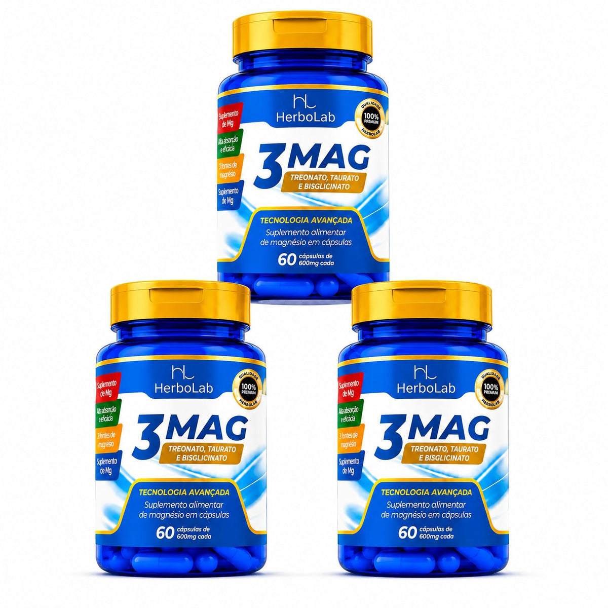 Kit 3 Mag Magnésio Treonato Taurina e Bisglicinato 180 Caps | Emunora
