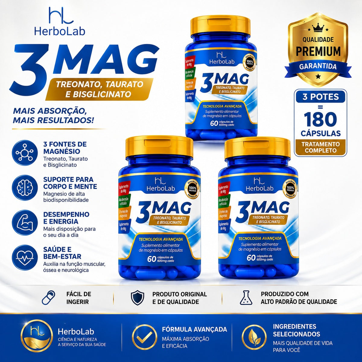 Kit 3 Mag Magnésio Treonato Taurina e Bisglicinato 180 Caps | Emunora